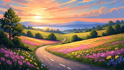 Sunset Over Rolling Hills with Winding Road and Wildflowers