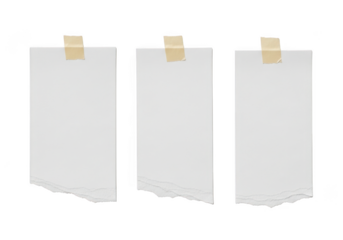 Three blank torn paper notes with tape isolated on transparent background