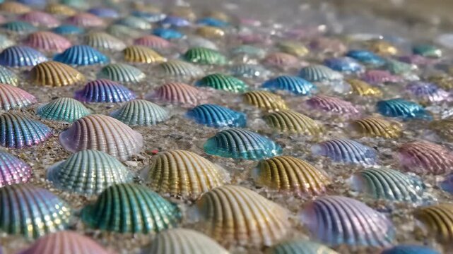 Extreme slow motion macro view of colorful iridescent seashells arranged in a perfect repeating pattern as a gentle transparent wave slowly washes over them wave, beauty, pattern