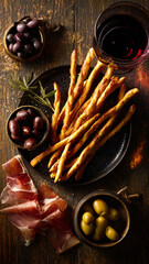 Aerial Snack Table Composition with Italian Grissini, Olives, Charcuterie Ribbons and Red Wine Circular Light on Surface