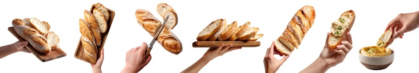 Set of hand holding tradition French Baguette bread, narrow toasted baked bun, with knife cut, hummus dip, wooden serving board, pile group slice torn broken piece, transparent cutout PNG. Many Mockup
