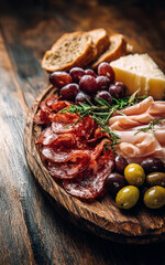 High-Key Overhead Gourmet Snack Table with Italian Grissini, Olives, Charcuterie Ribbons and Red Wine Circular Light Reflection