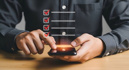 Man using smartphone for checklist task management productivity and digital to do list application
