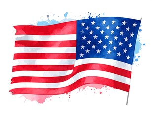 Watercolor illustration of waving US flag with blue star field and red stripes