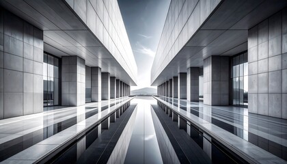 Modern architectural perspective featuring clean lines, pillars, and a reflective surface with a view of sky and mountains in the distance