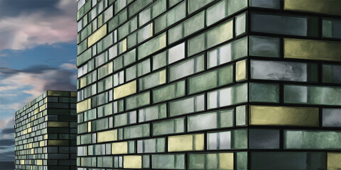 Abstract closeup of modern glass brick wall with varying colors  