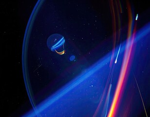 A transparent orb with rainbow streamers, amidst blue streaks