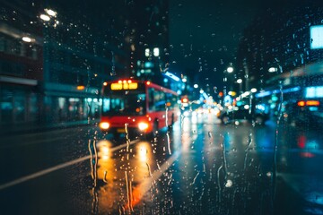 Rainy night city street scene through a wet window with blurred red bus