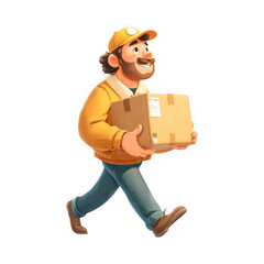 A smiling delivery man in a yellow uniform walking with a cardboard box