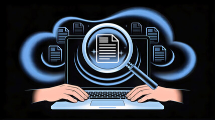 Digital document search and cloud data analysis on a laptop, representing efficient information management and online storage solutions