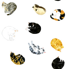 眠るかわいい猫のシームレスパターン　動物・ペットの手描き水彩イラスト背景素材