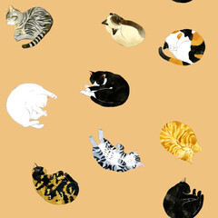 眠るかわいい猫のシームレスパターン　動物・ペットの手描き水彩イラスト背景素材