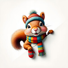 Squirrel with cheerful mood wearing winter accessories against white background with copy space