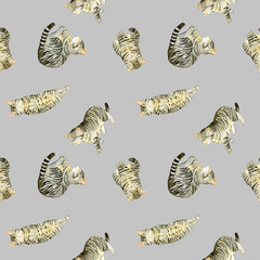 かわいいキジトラ猫のシームレスパターン　動物・ペットの手描き水彩イラスト背景素材