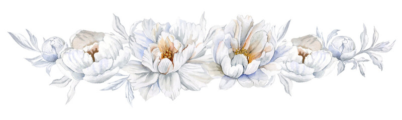 Horizontal composition of white and cream peonies with gray leaves. Hand drawn flowers, border for wedding decor, greeting cards and romantic designs.