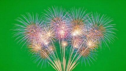 Brilliant multi-colored fireworks explode against a clean chroma key green background, creating a festive spectacle of light and color for celebrations and joyous events