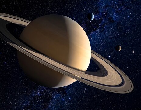 A majestic gas giant with prominent rings and two moons against starry night