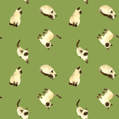 かわいいシャム猫のシームレスパターン　動物・ペットの手描き水彩イラスト背景素材