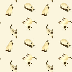 かわいいシャム猫のシームレスパターン　動物・ペットの手描き水彩イラスト背景素材