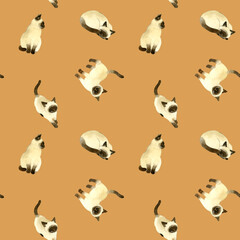 かわいいシャム猫のシームレスパターン　動物・ペットの手描き水彩イラスト背景素材