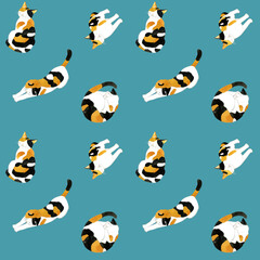 かわいい三毛猫のシームレスパターン　動物・ペットの手描き水彩イラスト背景素材