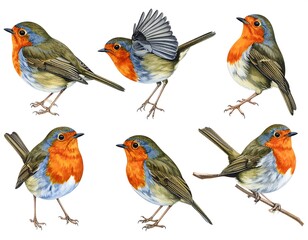Watercolor illustrations of European robins in various poses against a white backdrop