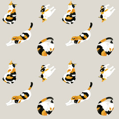 かわいい三毛猫のシームレスパターン　動物・ペットの手描き水彩イラスト背景素材