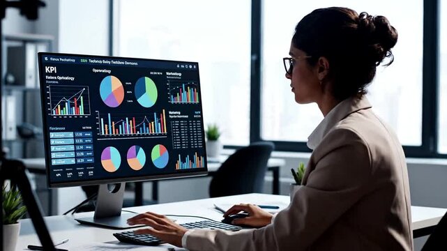 Focused adult woman (20s-30s) analyzing a KPI dashboard with graphs and charts on a computer screen at a modern office desk. She is diligently working with a mouse and keyboard.