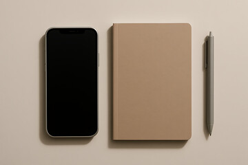 Top view of beige stationery set including phone and notebook on a cream background for elegant lifestyle branding and creative designer workspace product mockup