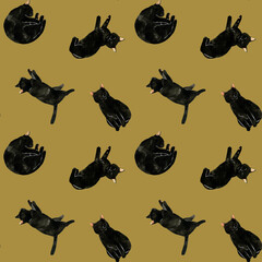 かわいい黒猫のシームレスパターン　動物・ペットの手描き水彩イラスト背景素材