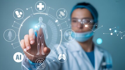 Medical Professional Interacting with Holographic Human Body and AI Healthcare Interface