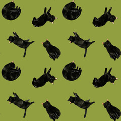 かわいい黒猫のシームレスパターン　動物・ペットの手描き水彩イラスト背景素材