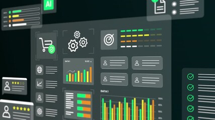 Perspective view of a business intelligence panel showing shopping cart data, gear icons, and bar graphs. - Powered by Adobe