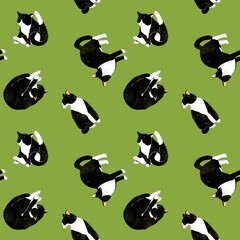 かわいい白黒ハチワレ猫のシームレスパターン　動物・ペットの手描き水彩イラスト背景素材