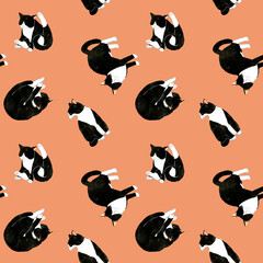 かわいい白黒ハチワレ猫のシームレスパターン　動物・ペットの手描き水彩イラスト背景素材