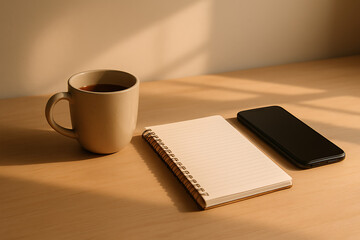 Side view of a lined notebook with a coffee mug and smartphone on a wooden desk with soft window light for cozy workspace design mockup