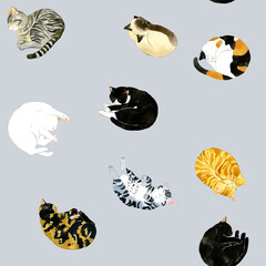 眠るかわいい猫のシームレスパターン　動物・ペットの手描き水彩イラスト背景素材