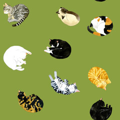 眠るかわいい猫のシームレスパターン　動物・ペットの手描き水彩イラスト背景素材