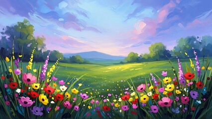 Vibrant Wildflower Meadow at Sunset Landscape Painting