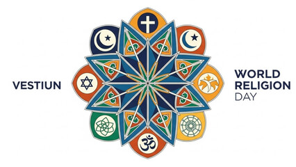 Global Harmony: A symbolic representation of World Religion Day, showcasing a vibrant mandala of diverse religious symbols, promoting unity and understanding among faiths.