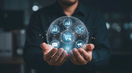 Man,holding,floating,digital,globe,with,e-commerce,and,online,retail,icons,concept,for,global,business,connection,digital,marketing,and,worldwide,shopping,network,trends,in,modern,world.