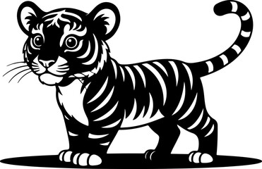 Obraz premium Cute tiger cub illustration in black and white silhouette style isolated on white for nursery decor, children's animal books, and wildlife conservation branding.
