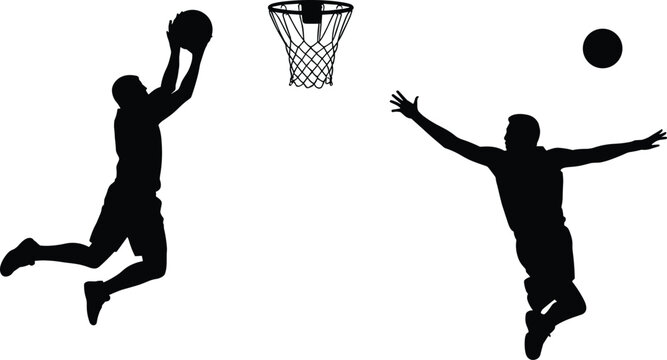 Black basketball player silhouettes set jumping for slam dunk and shooting ball at hoop isolated on white background for sports design
