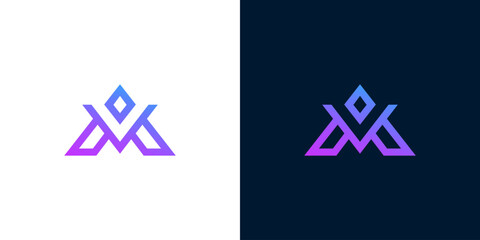 Modern abstract letter logo design with a sleek purple and blue gradient. It incorporates a subtle crown or diamond element, creating a sophisticated visual identity perfect for premium branding