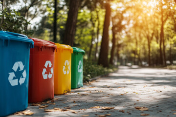 Colorful recycling containers in park setting for environmental awareness campaigns.