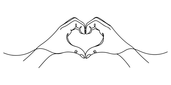 Continuous one line of a two hands gently forming a heart shape, symbolizing affection and human connection, hand drawn vector illustration.