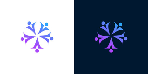 Vibrant abstract circular logo design symbolizing a united community, effective teamwork, and strong social connections, featuring stylized human figures in a dynamic purple and blue gradient