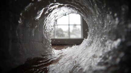 Swirling vortex of water on a windowpane distorting the view outside