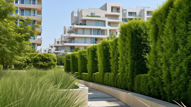 Modern apartment buildings with greenery and landscaped pathway in urban setting