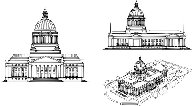 set of Washington capitol building line art, black outline, vector and illustration, coloring book page line art drawing

